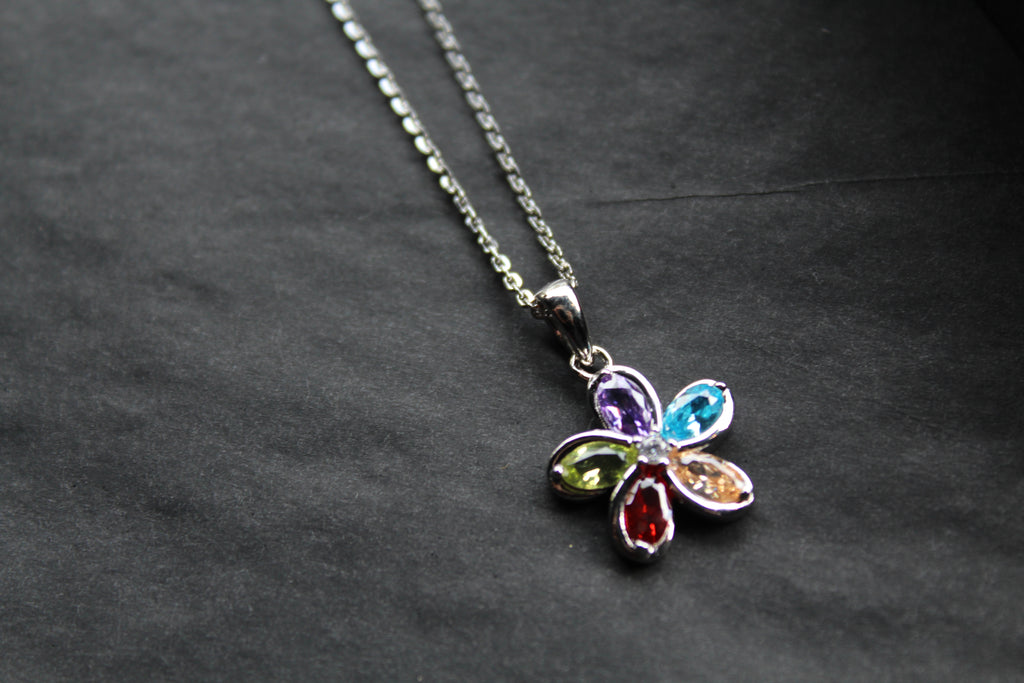 Rainbow Cubic Zirconia Flower Pendant with 16-18" Silver Chain