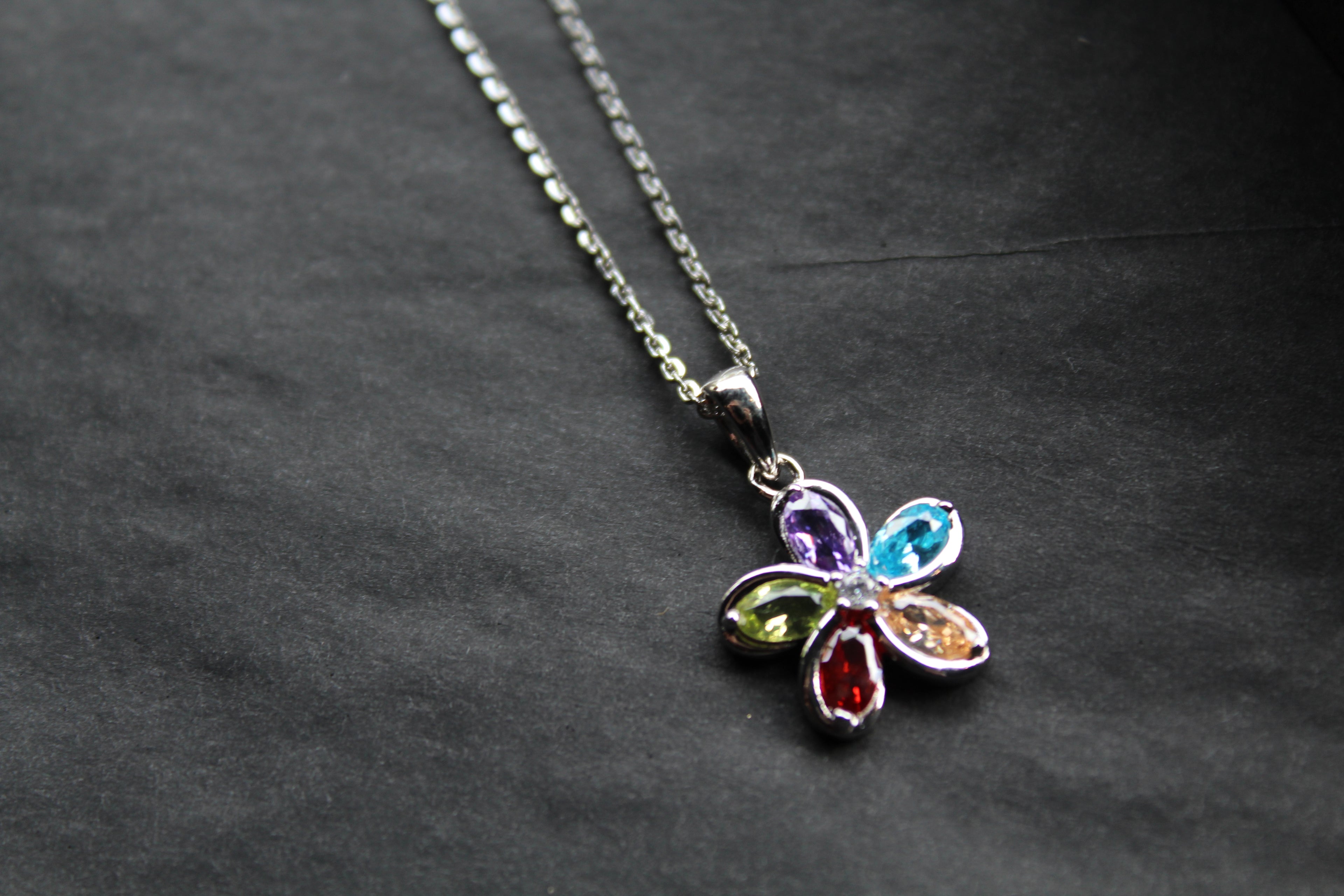 Rainbow Cubic Zirconia Flower Pendant with 16-18" Silver Chain