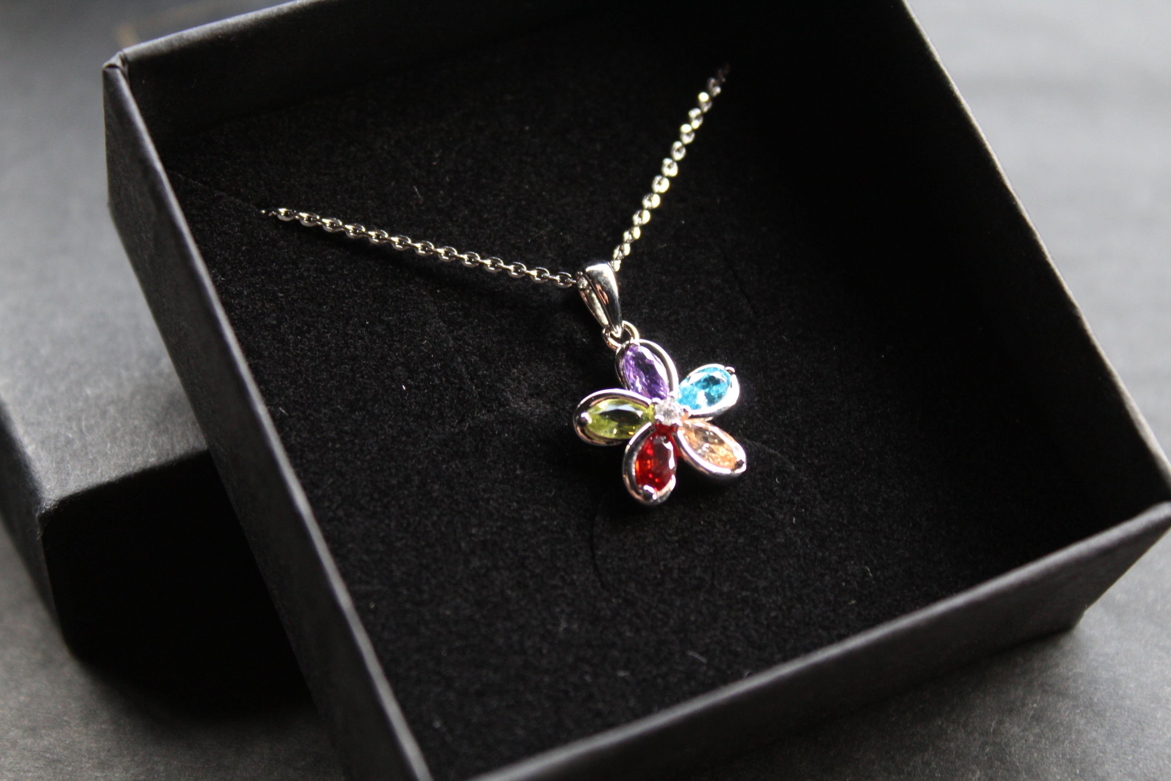 Rainbow Cubic Zirconia Flower Pendant with 16-18" Silver Chain
