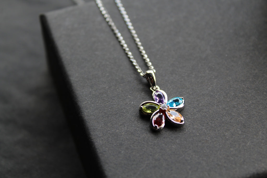 Rainbow Cubic Zirconia Flower Pendant with 16-18" Silver Chain