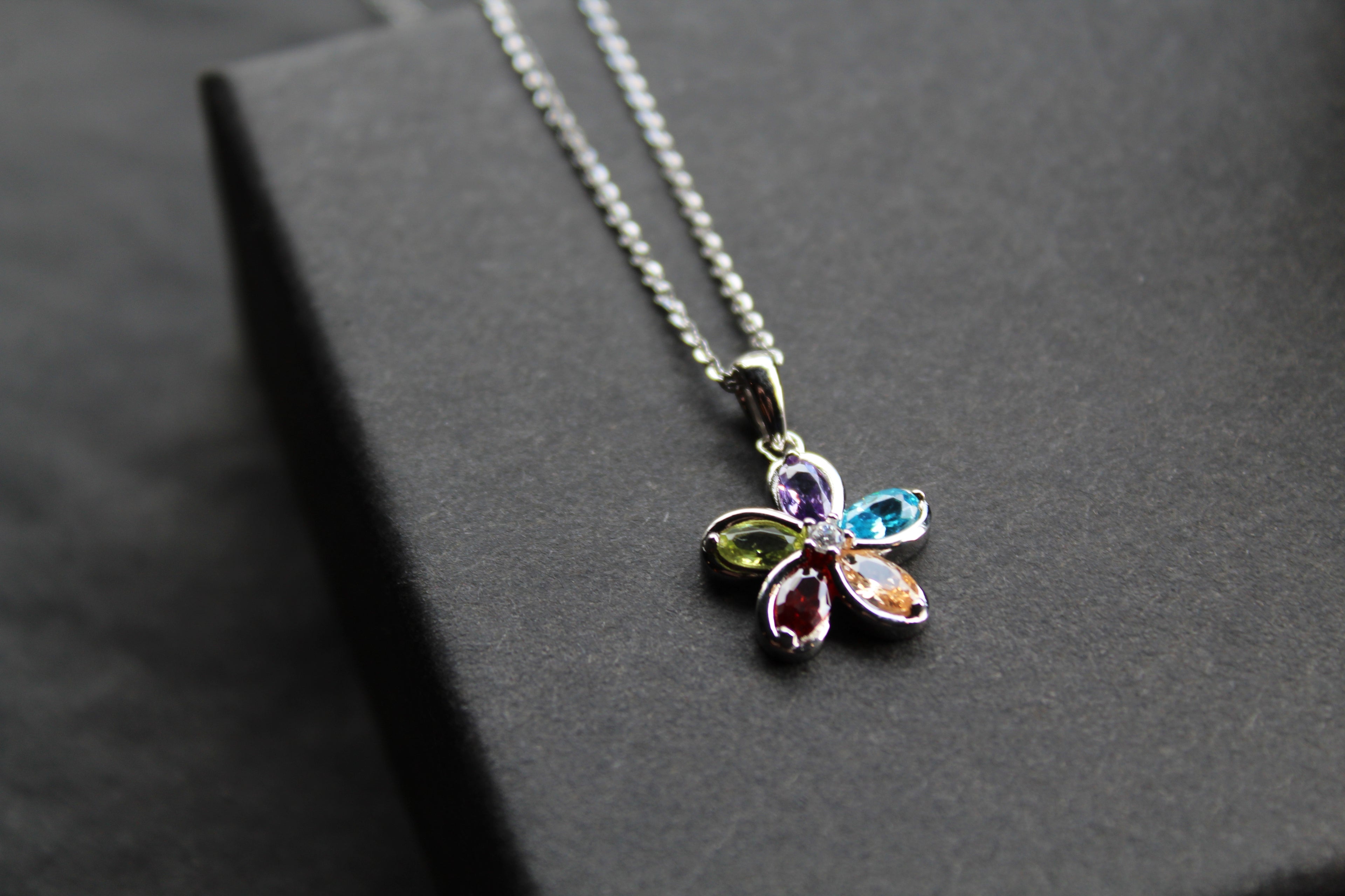 Rainbow Cubic Zirconia Flower Pendant with 16-18" Silver Chain