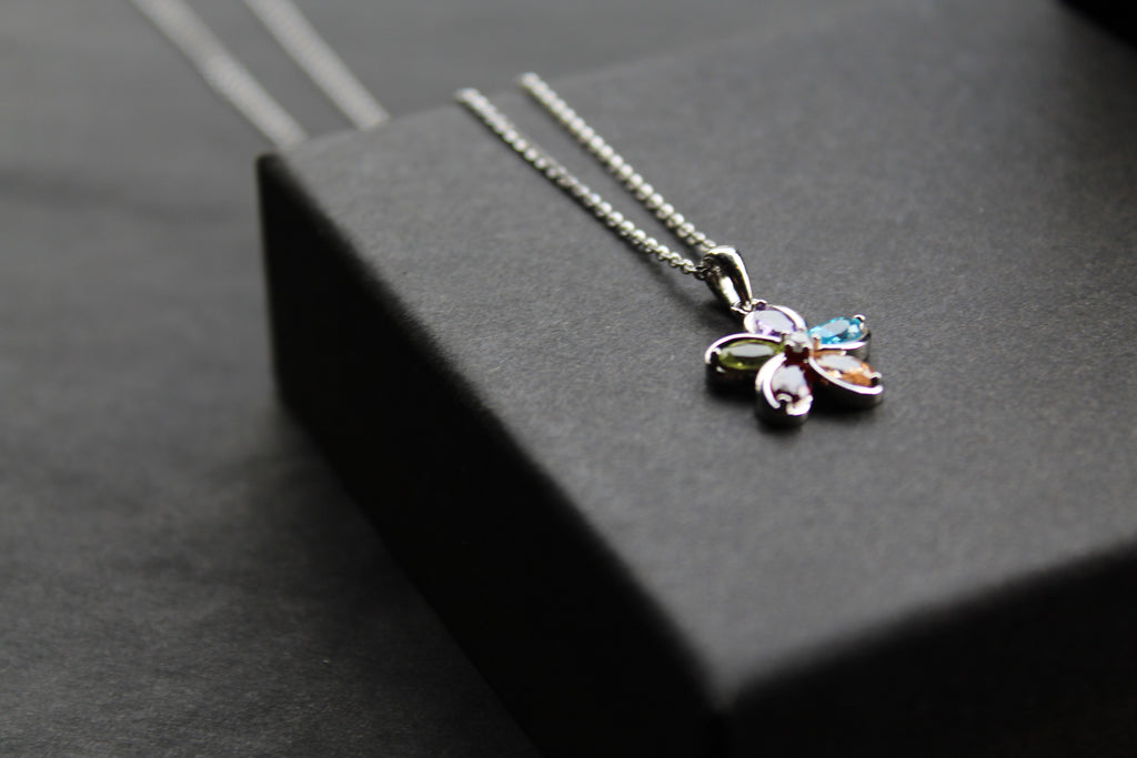 Rainbow Cubic Zirconia Flower Pendant with 16-18" Silver Chain