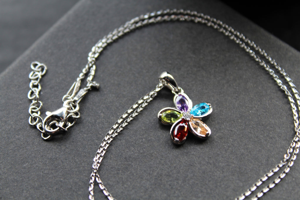 Rainbow Cubic Zirconia Flower Pendant with 16-18" Silver Chain