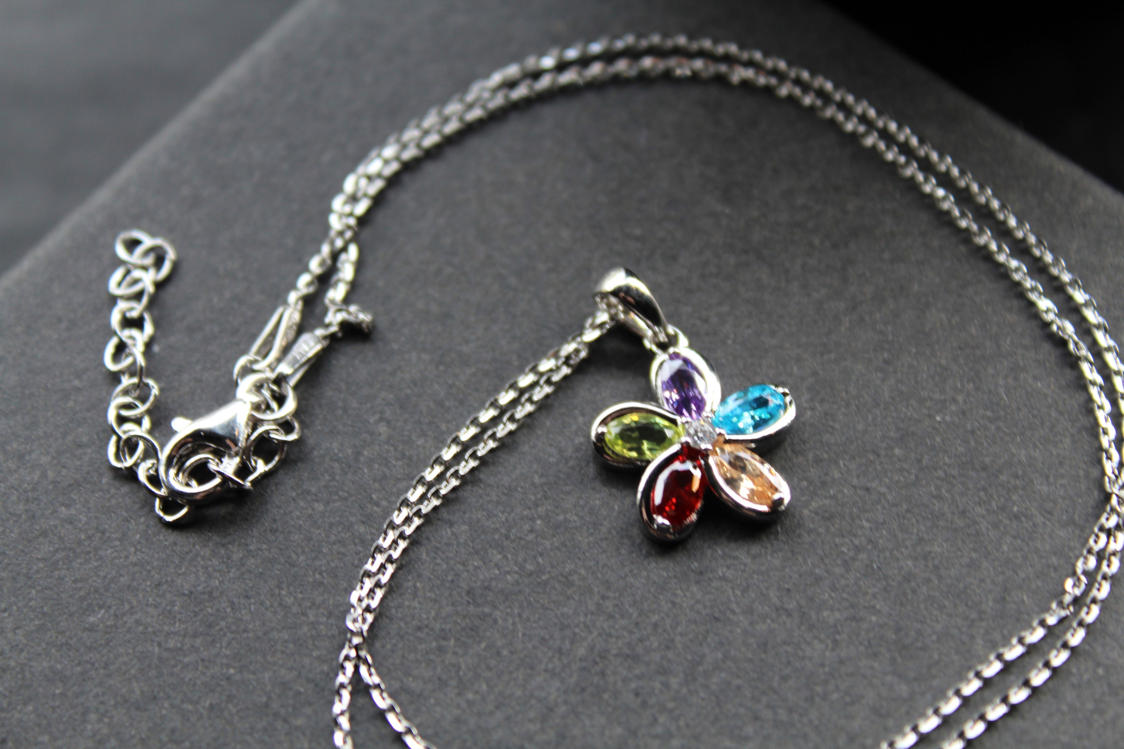 Rainbow Cubic Zirconia Flower Pendant with 16-18" Silver Chain