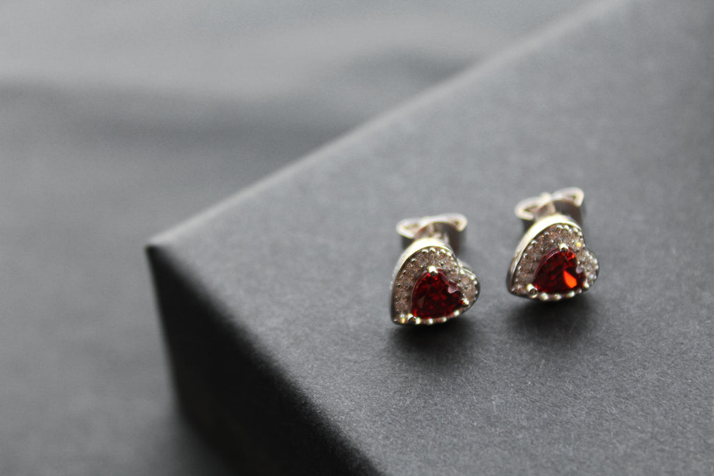 Ruby Red Cubic Zirconia Heart Earrings