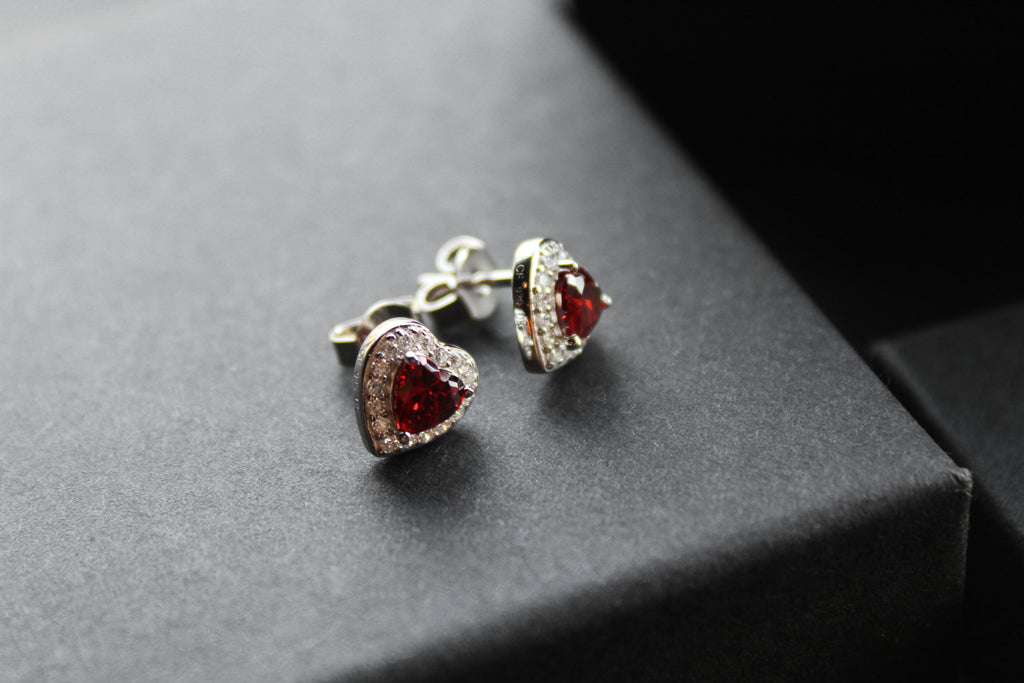 Ruby Red Cubic Zirconia Heart Earrings