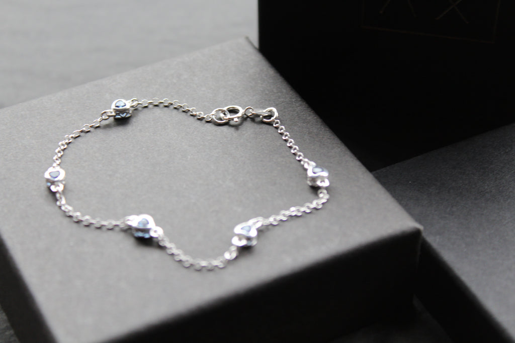 Sapphire Blue CZ Silver Heart Chain Bracelet