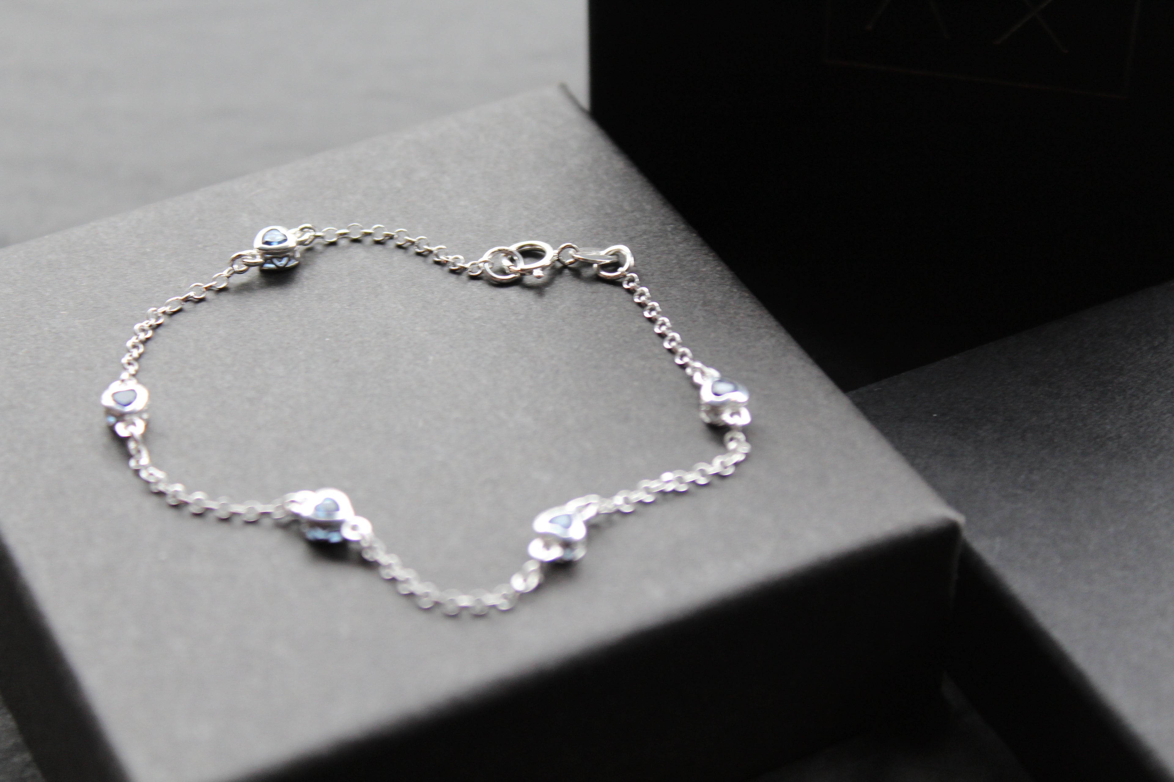 Sapphire Blue CZ Silver Heart Chain Bracelet