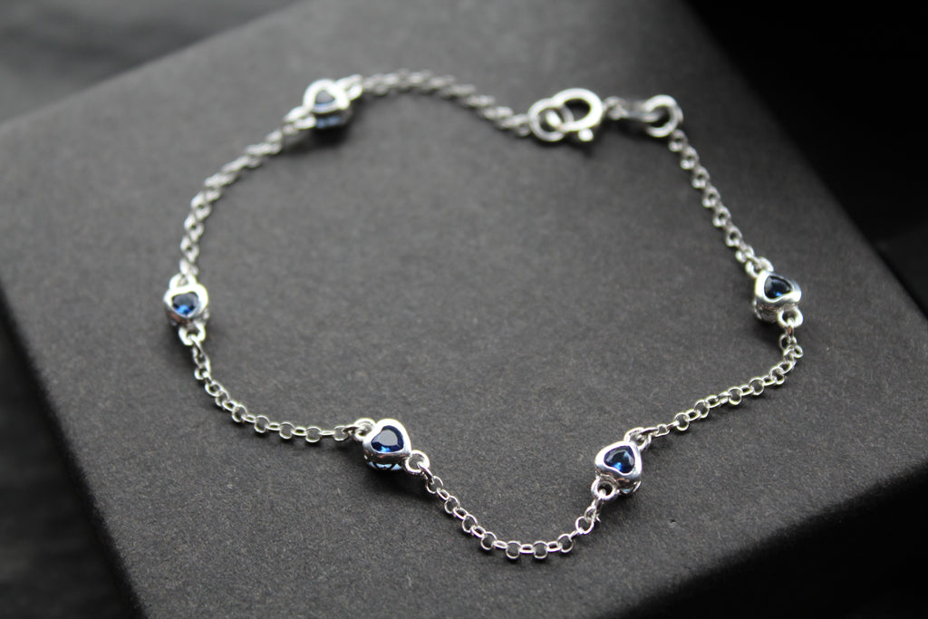 Sapphire Blue CZ Silver Heart Chain Bracelet