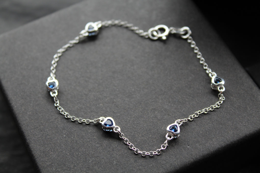 Sapphire Blue CZ Silver Heart Chain Bracelet