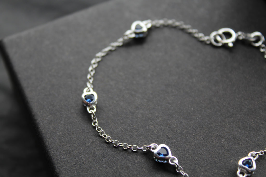 Sapphire Blue CZ Silver Heart Chain Bracelet