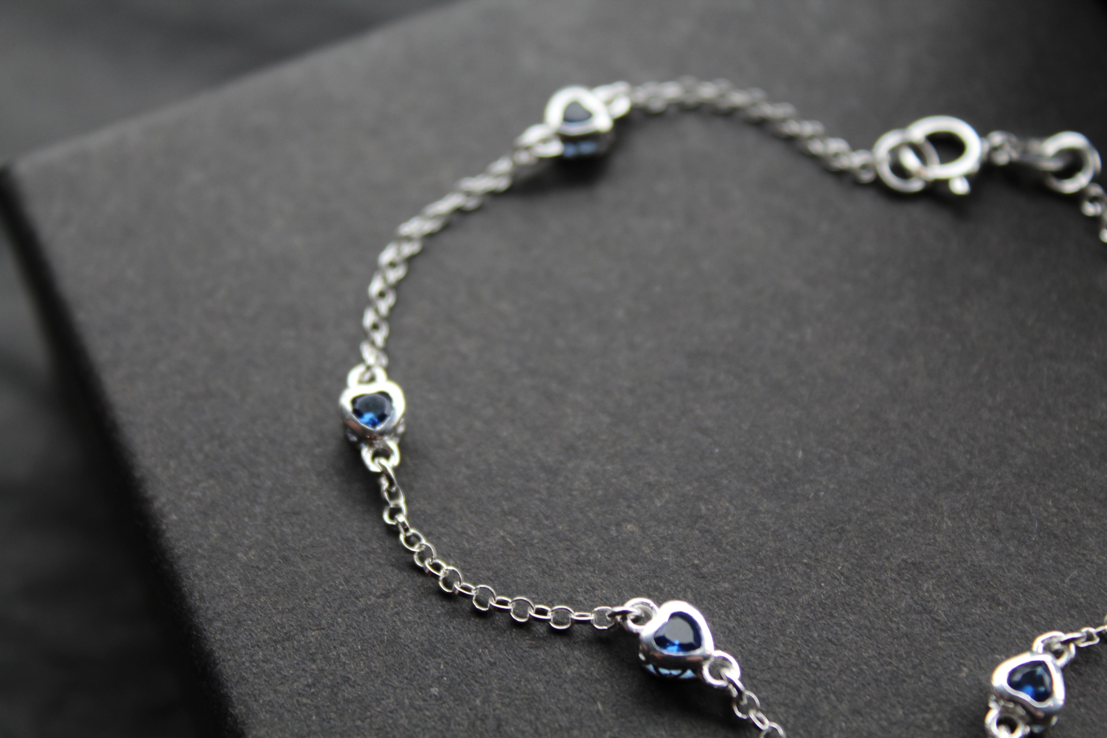 Sapphire Blue CZ Silver Heart Chain Bracelet