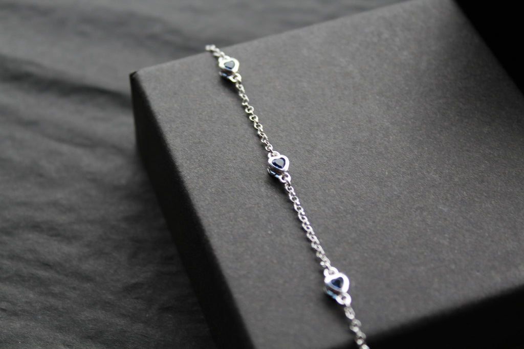 Sapphire Blue CZ Silver Heart Chain Bracelet