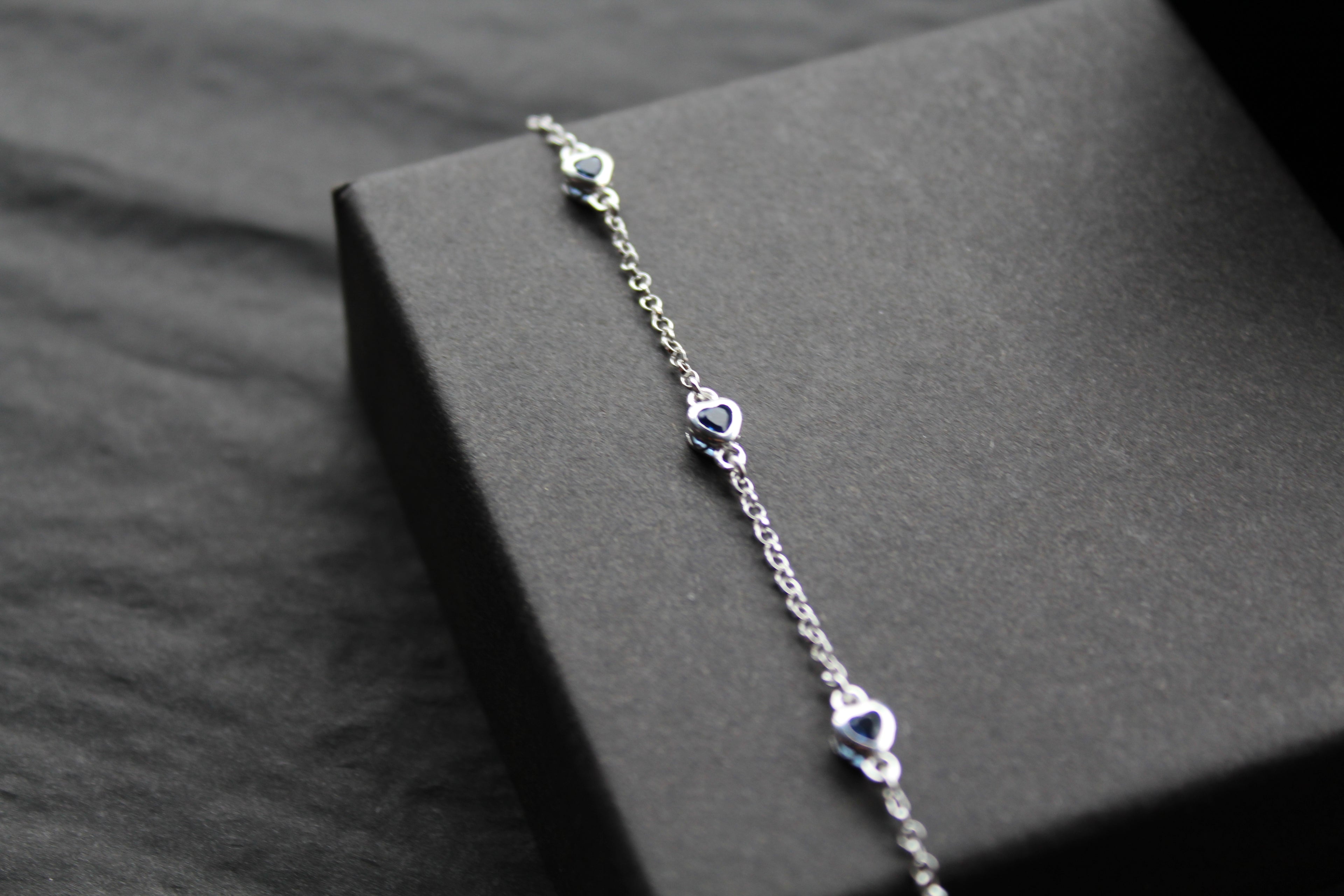Sapphire Blue CZ Silver Heart Chain Bracelet