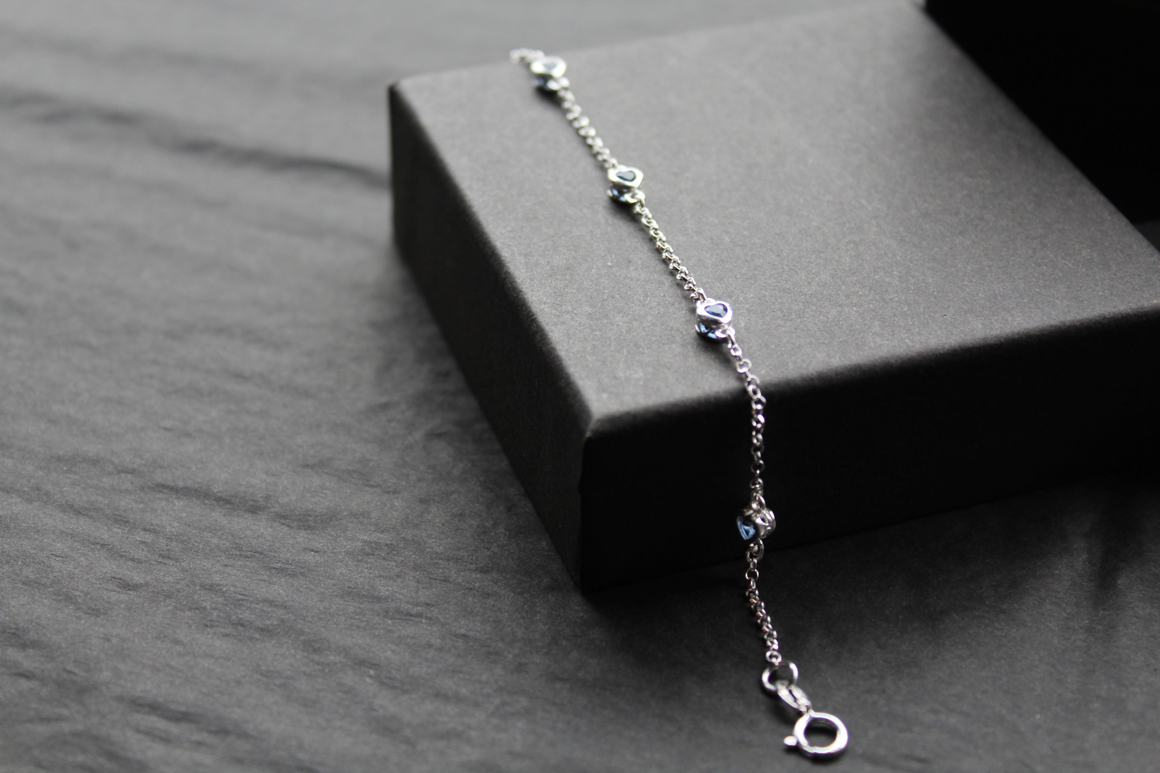 Sapphire Blue CZ Silver Heart Chain Bracelet