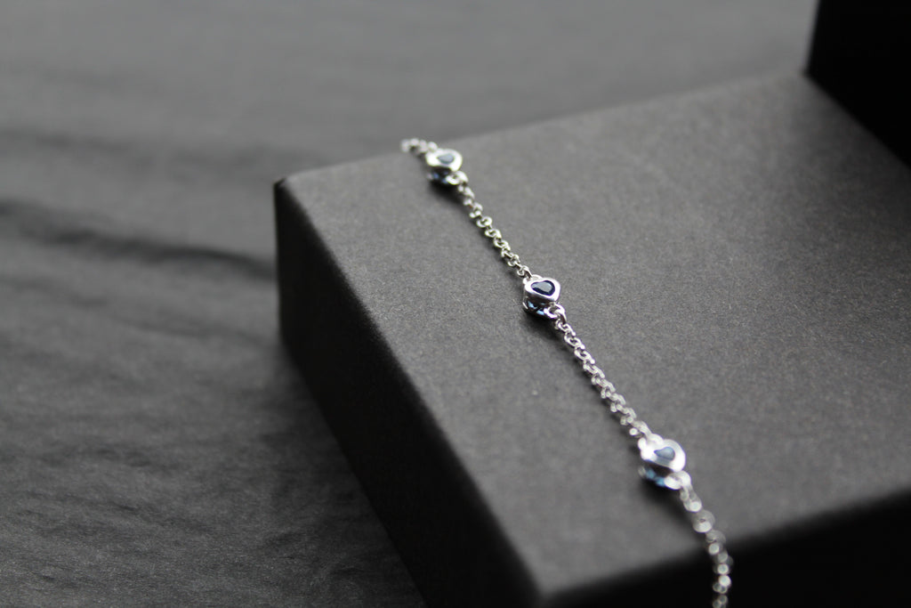 Sapphire Blue CZ Silver Heart Chain Bracelet