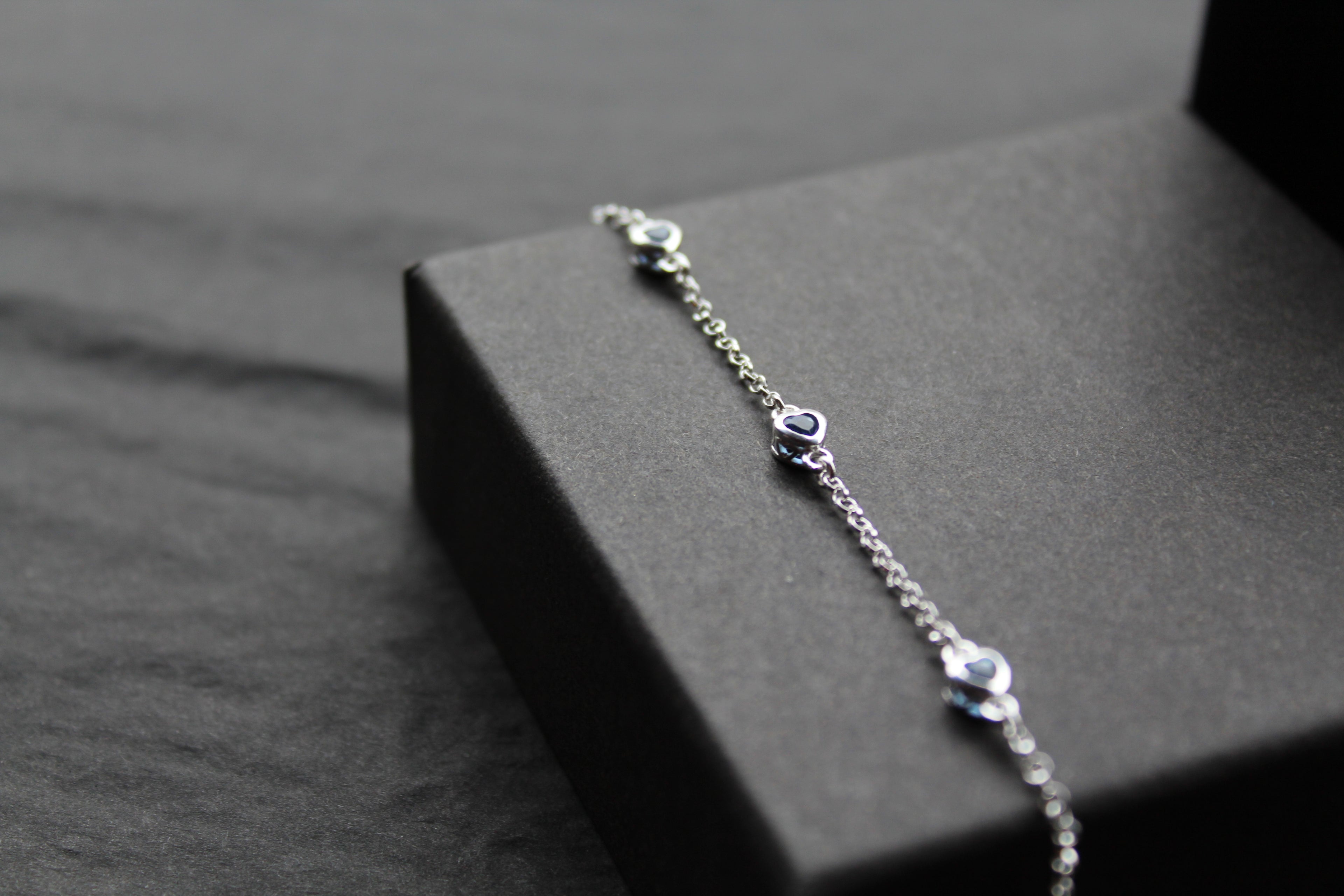 Sapphire Blue CZ Silver Heart Chain Bracelet