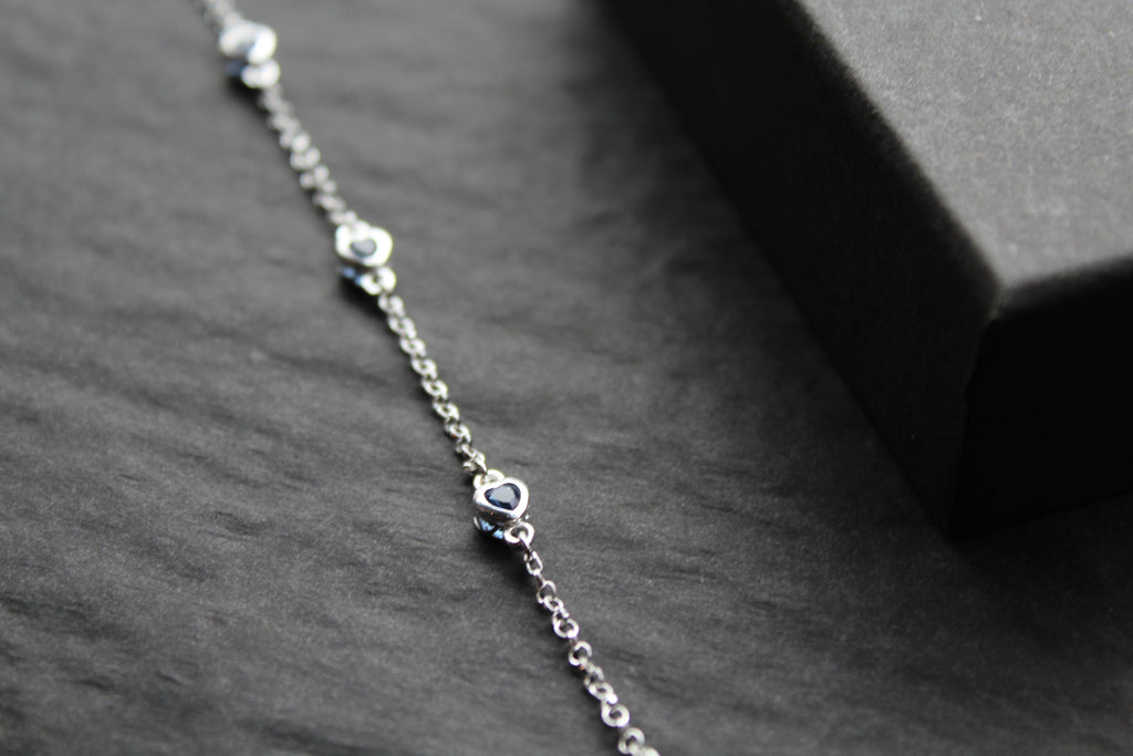 Sapphire Blue CZ Silver Heart Chain Bracelet