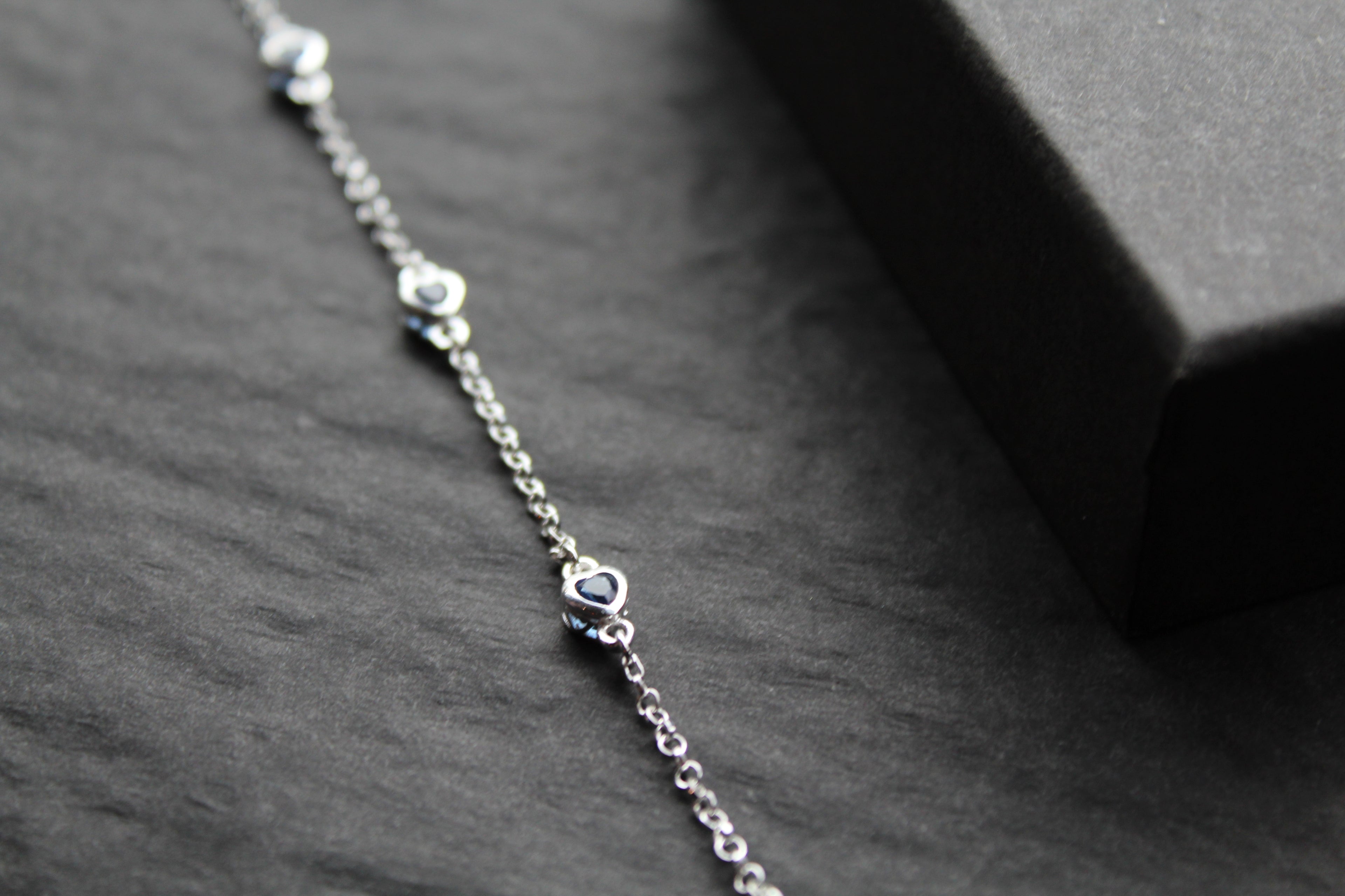 Sapphire Blue CZ Silver Heart Chain Bracelet