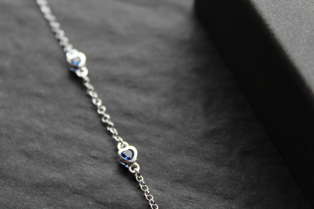 Sapphire Blue CZ Silver Heart Chain Bracelet