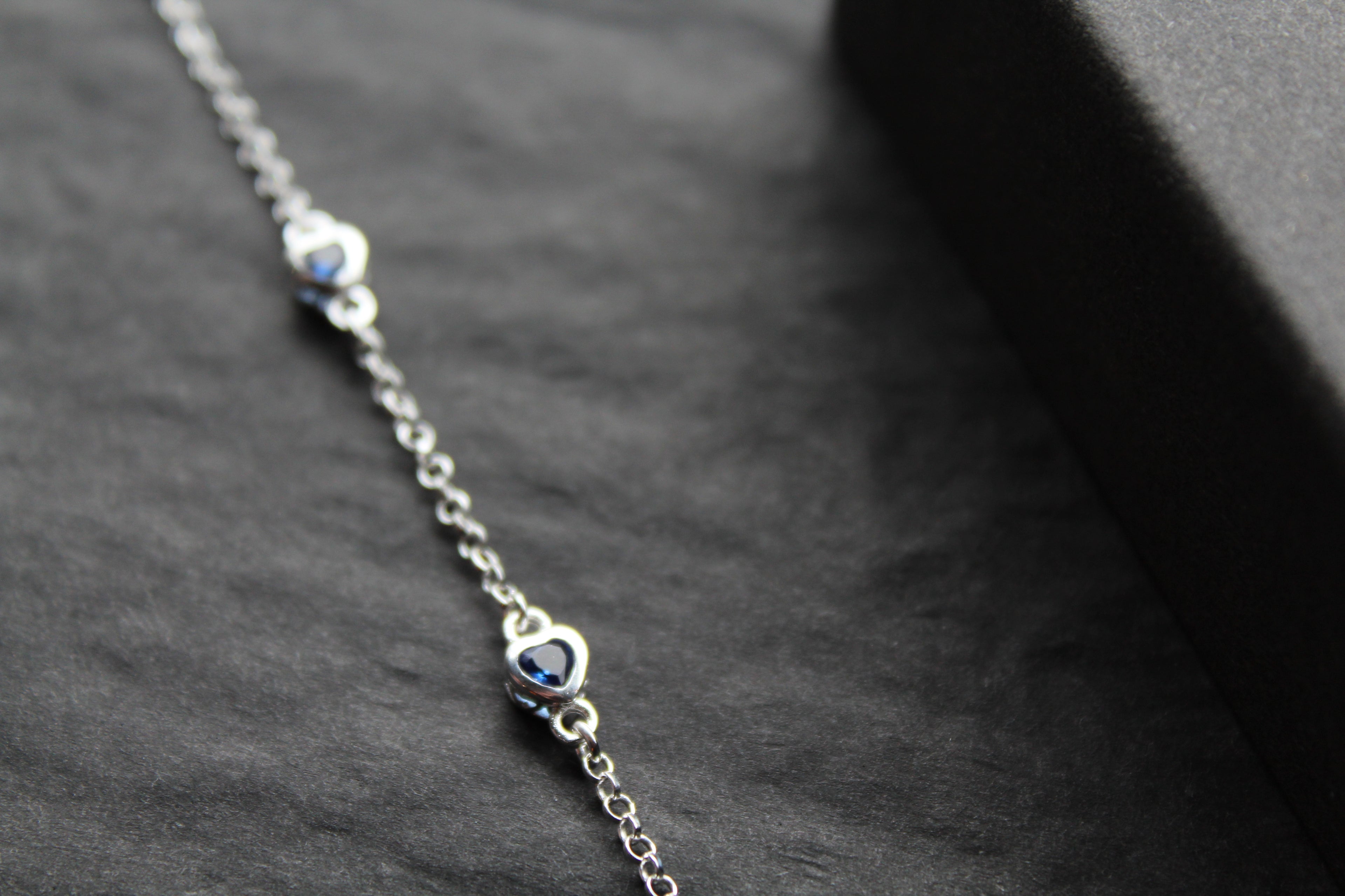 Sapphire Blue CZ Silver Heart Chain Bracelet