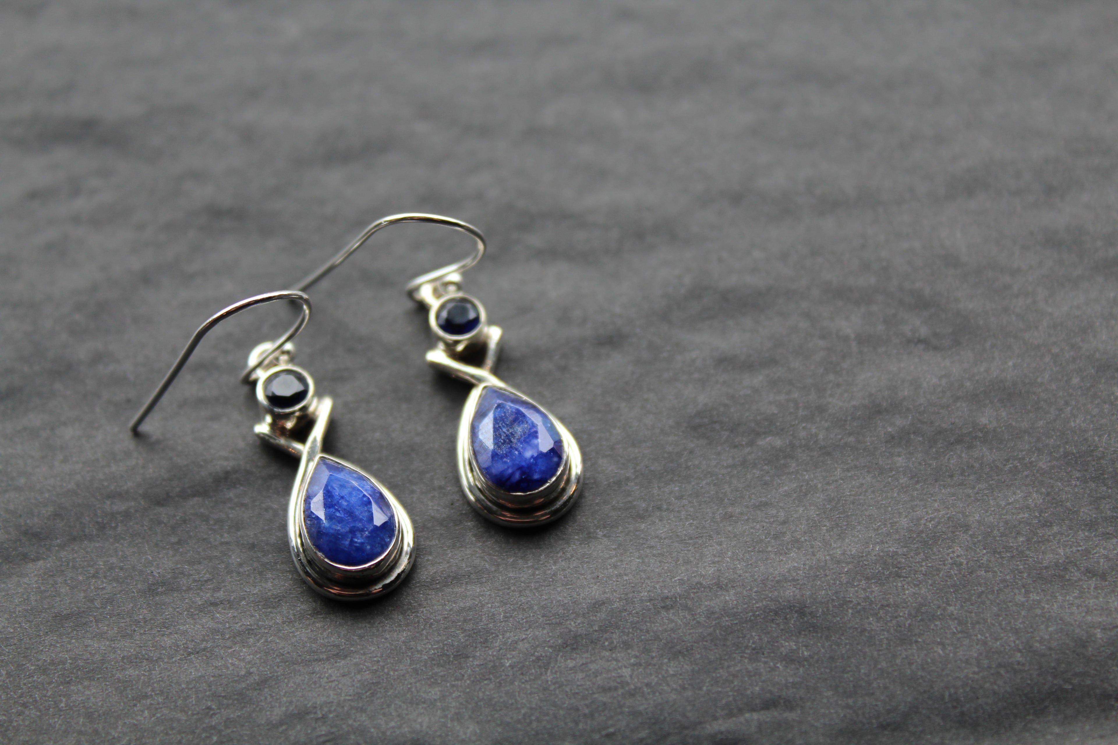Sapphire Two Stone Teardrop Silver Earrings