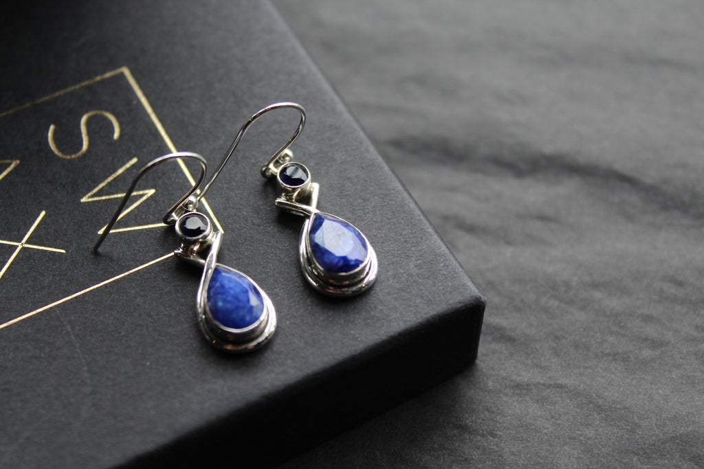 Sapphire Two Stone Teardrop Silver Earrings
