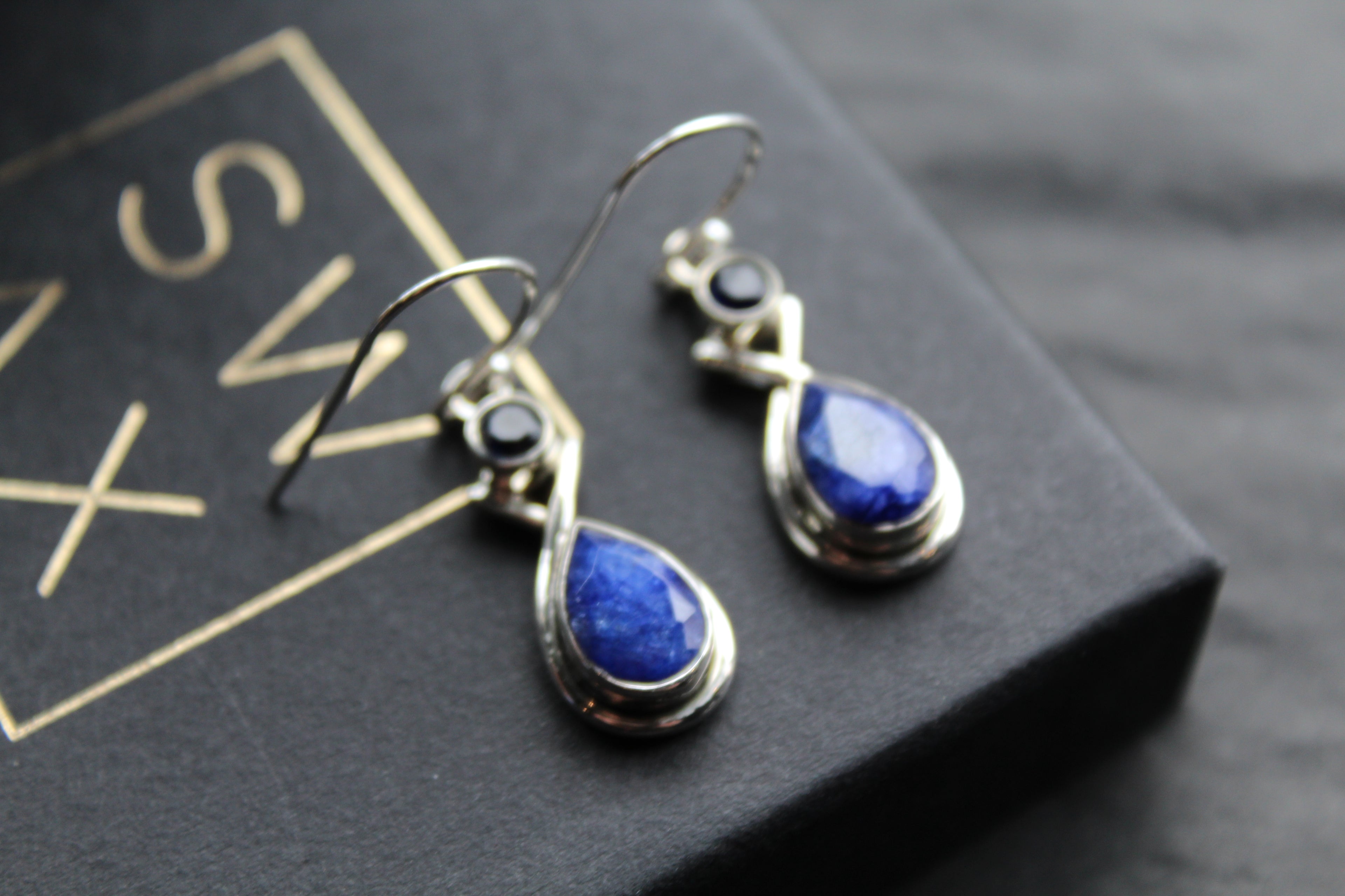 Sapphire Two Stone Teardrop Silver Earrings