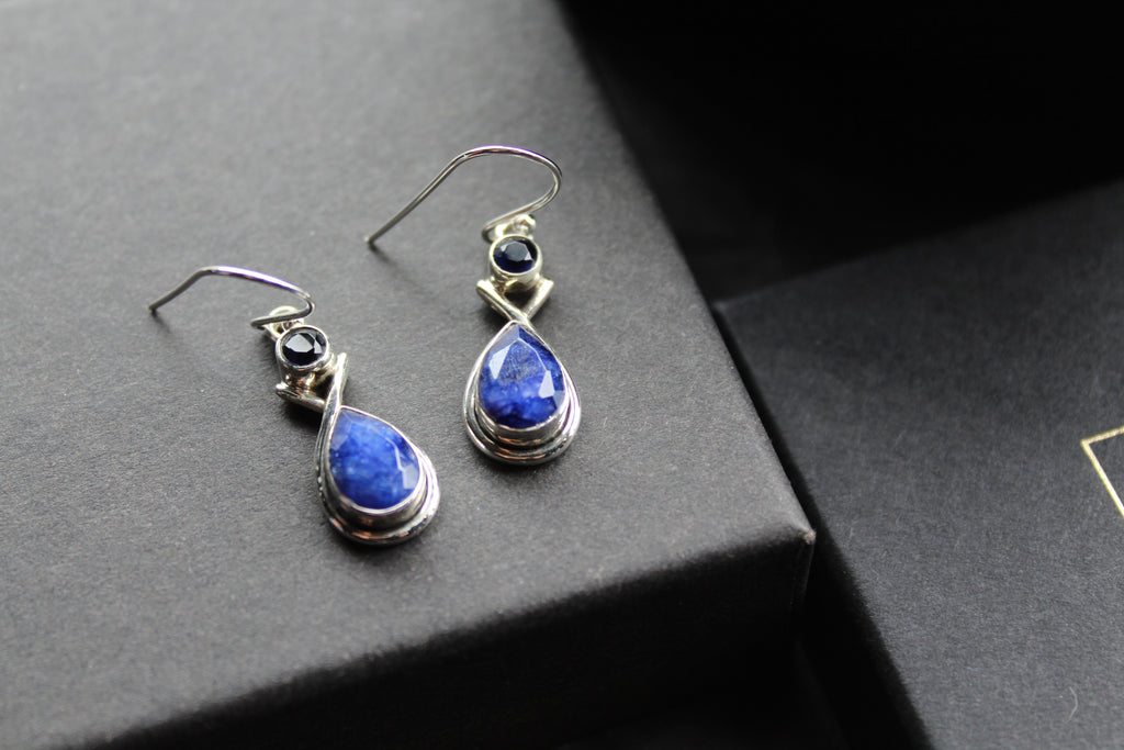 Sapphire Two Stone Teardrop Silver Earrings