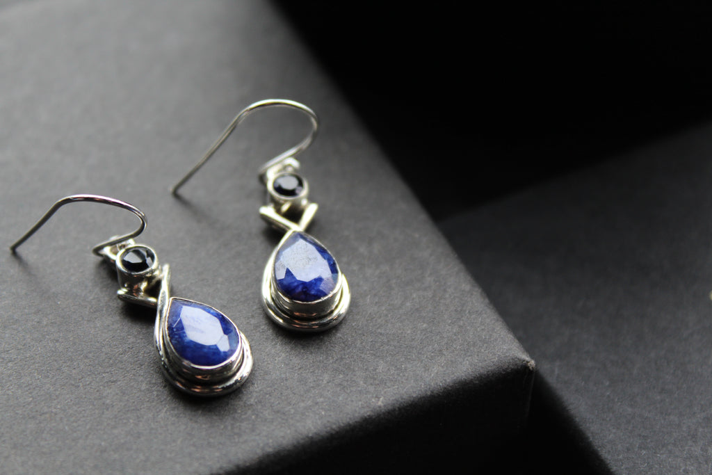 Sapphire Two Stone Teardrop Silver Earrings