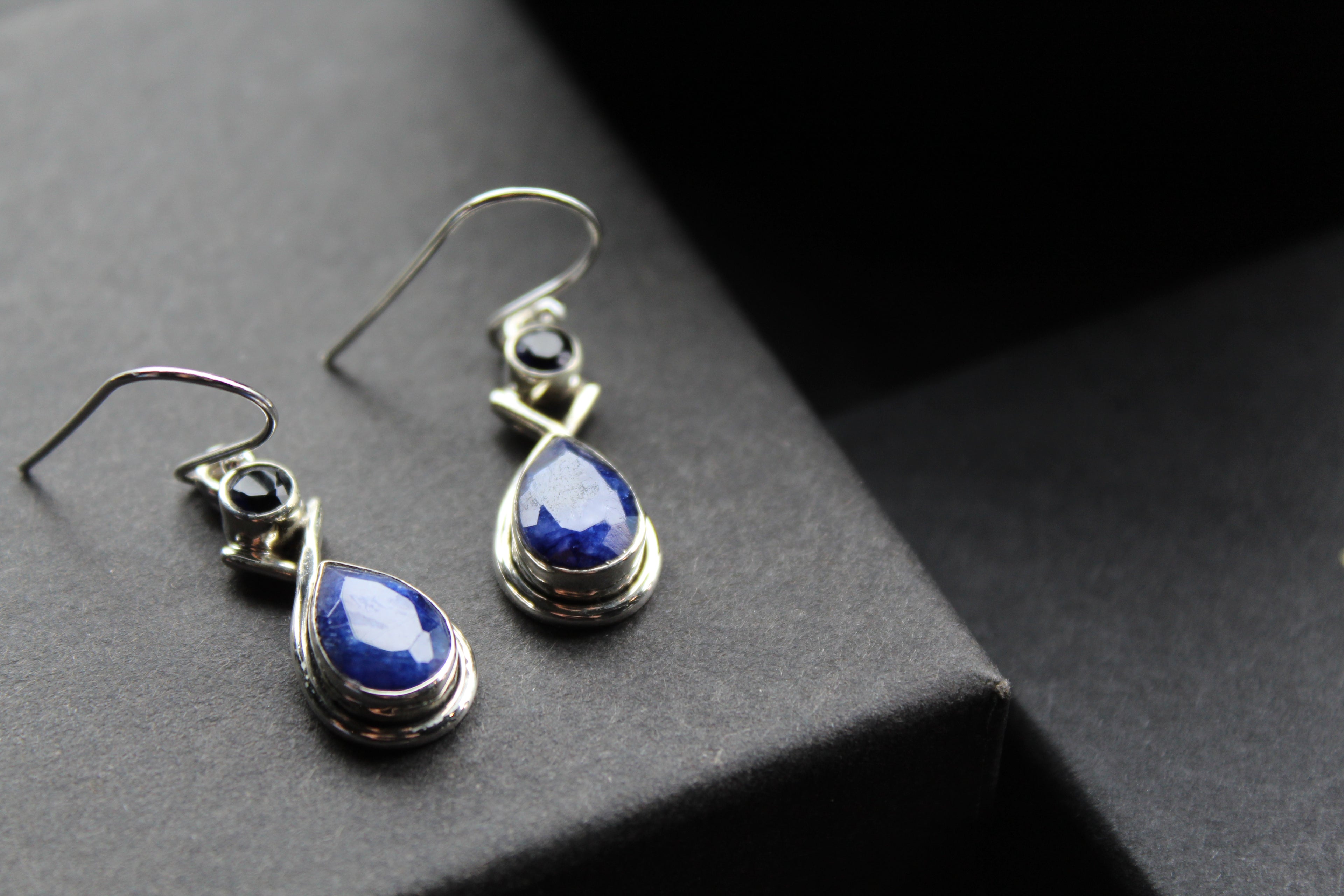 Sapphire Two Stone Teardrop Silver Earrings