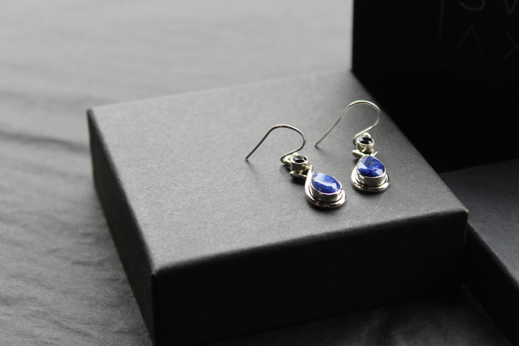 Sapphire Two Stone Teardrop Silver Earrings