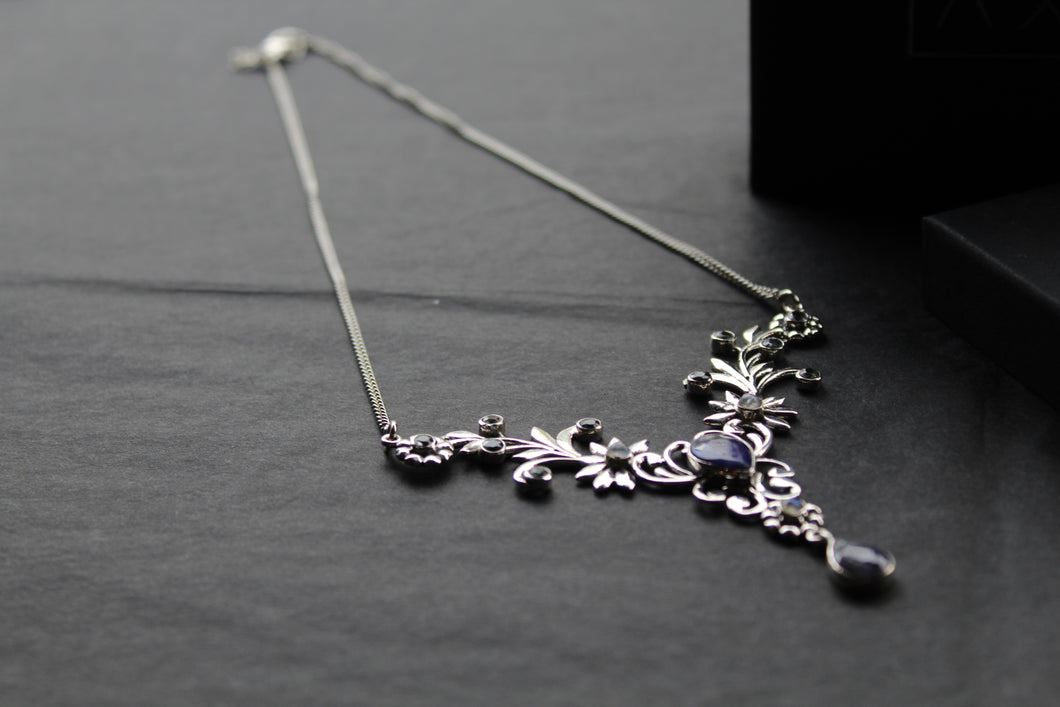 Sapphire, Moonstone & Blue Topaz Flowers Necklace