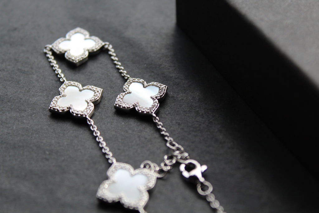Silver CZ Vintage Flower Mother of Pearl Bracelet