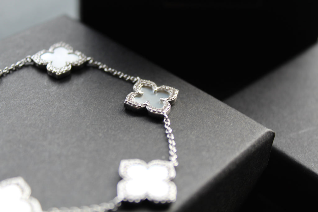 Silver CZ Vintage Flower Mother of Pearl Bracelet