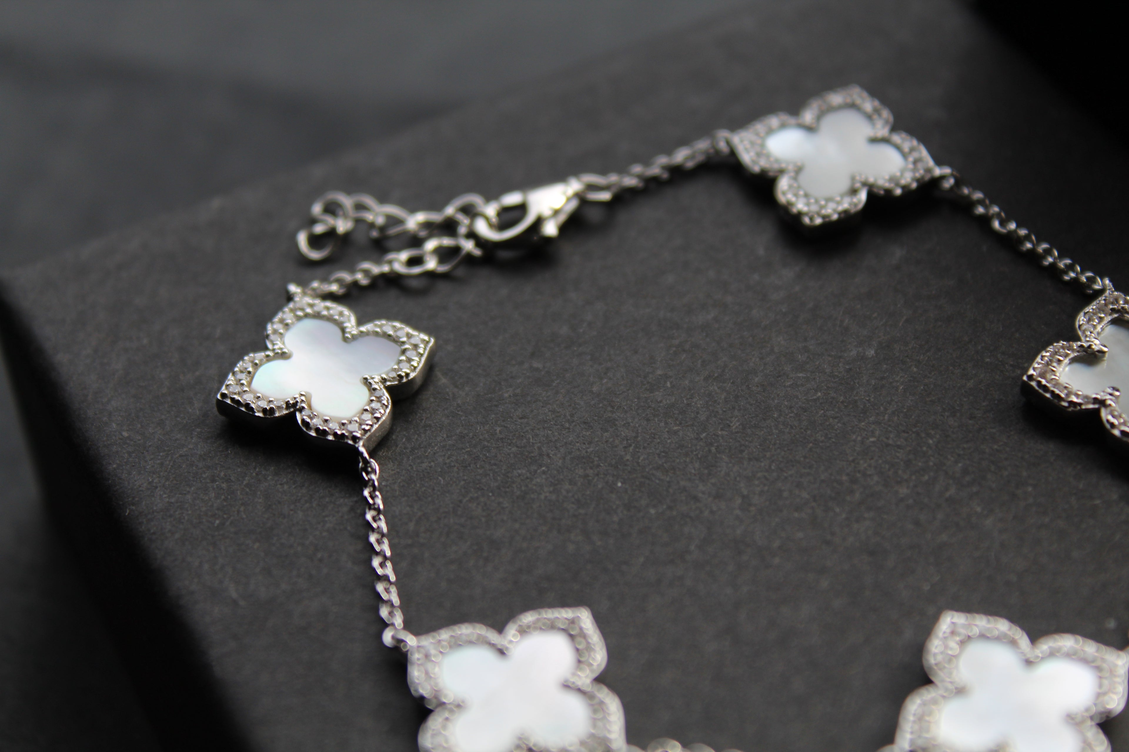 Silver CZ Vintage Flower Mother of Pearl Bracelet