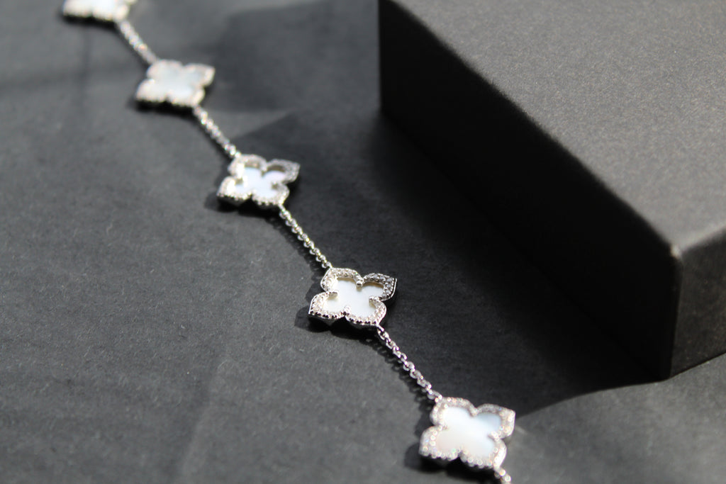 Silver CZ Vintage Flower Mother of Pearl Bracelet