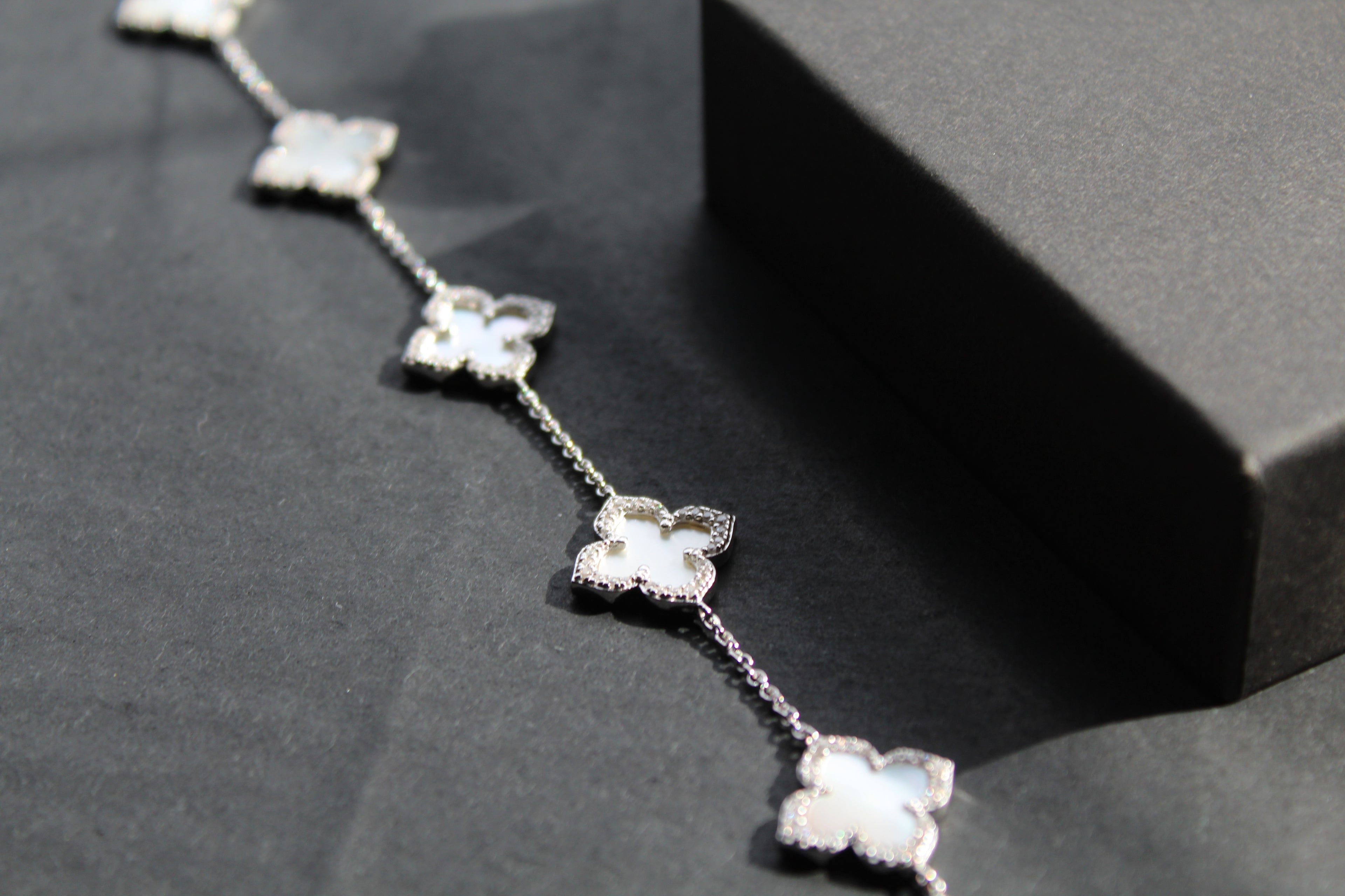 Silver CZ Vintage Flower Mother of Pearl Bracelet