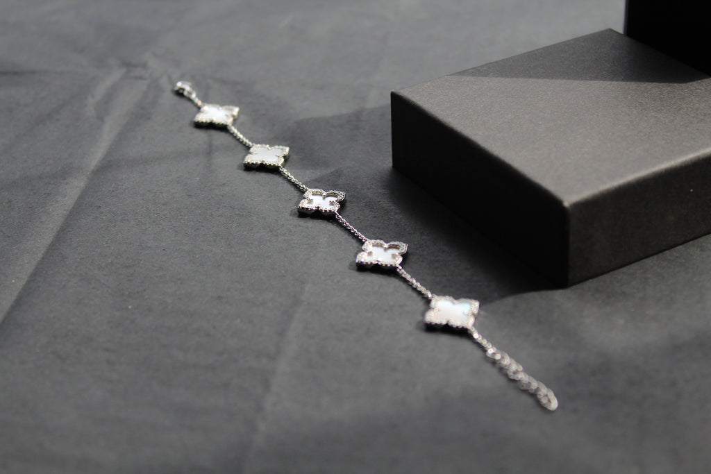 Silver CZ Vintage Flower Mother of Pearl Bracelet
