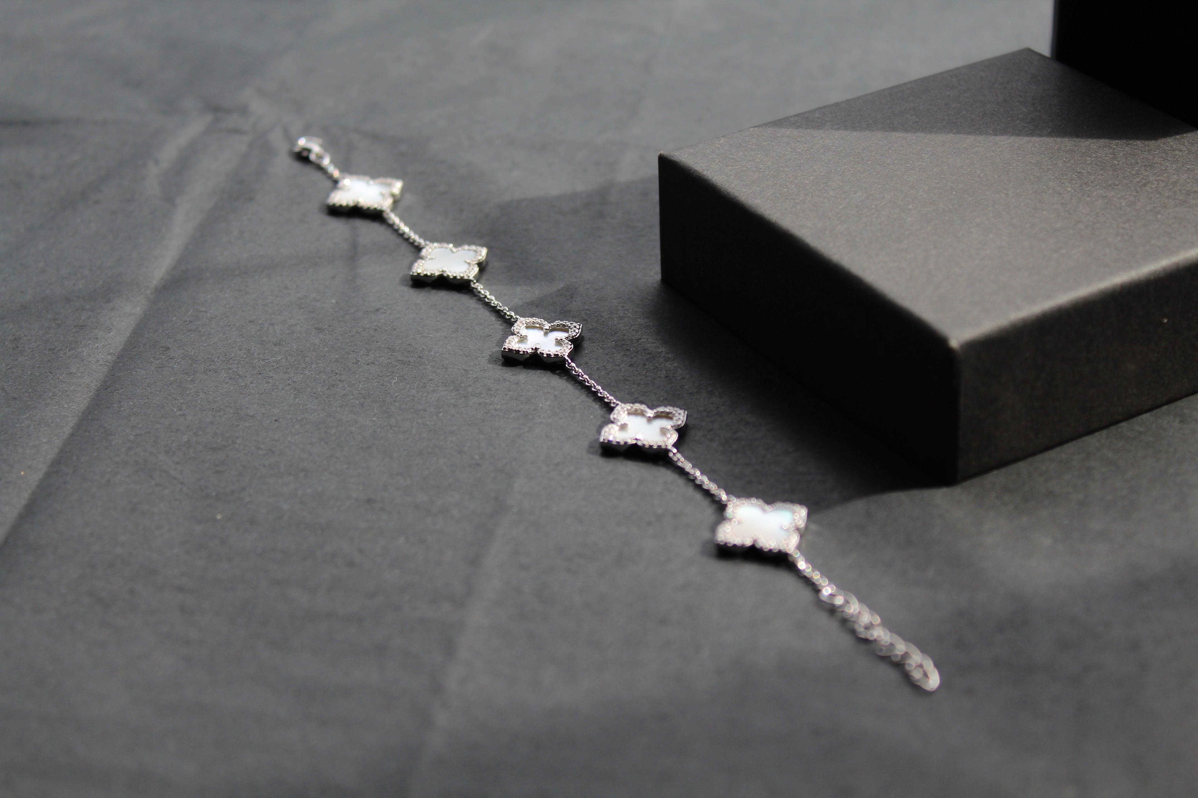 Silver CZ Vintage Flower Mother of Pearl Bracelet