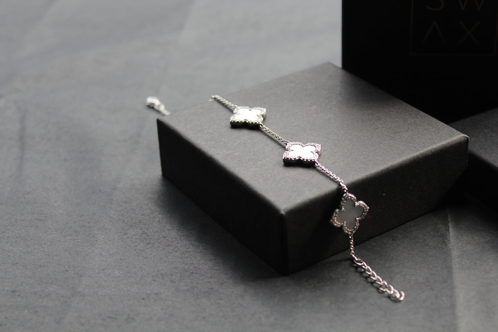 Silver CZ Vintage Flower Mother of Pearl Bracelet