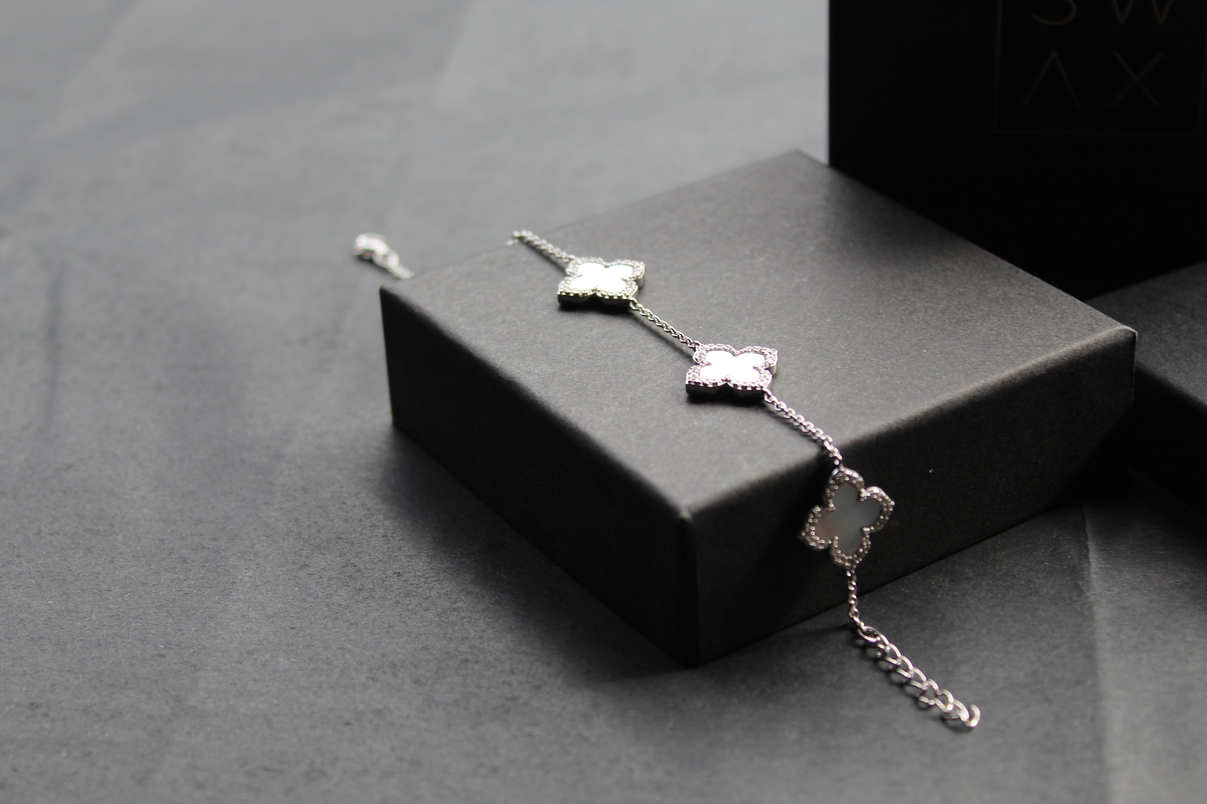 Silver CZ Vintage Flower Mother of Pearl Bracelet