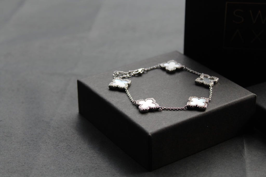 Silver CZ Vintage Flower Mother of Pearl Bracelet