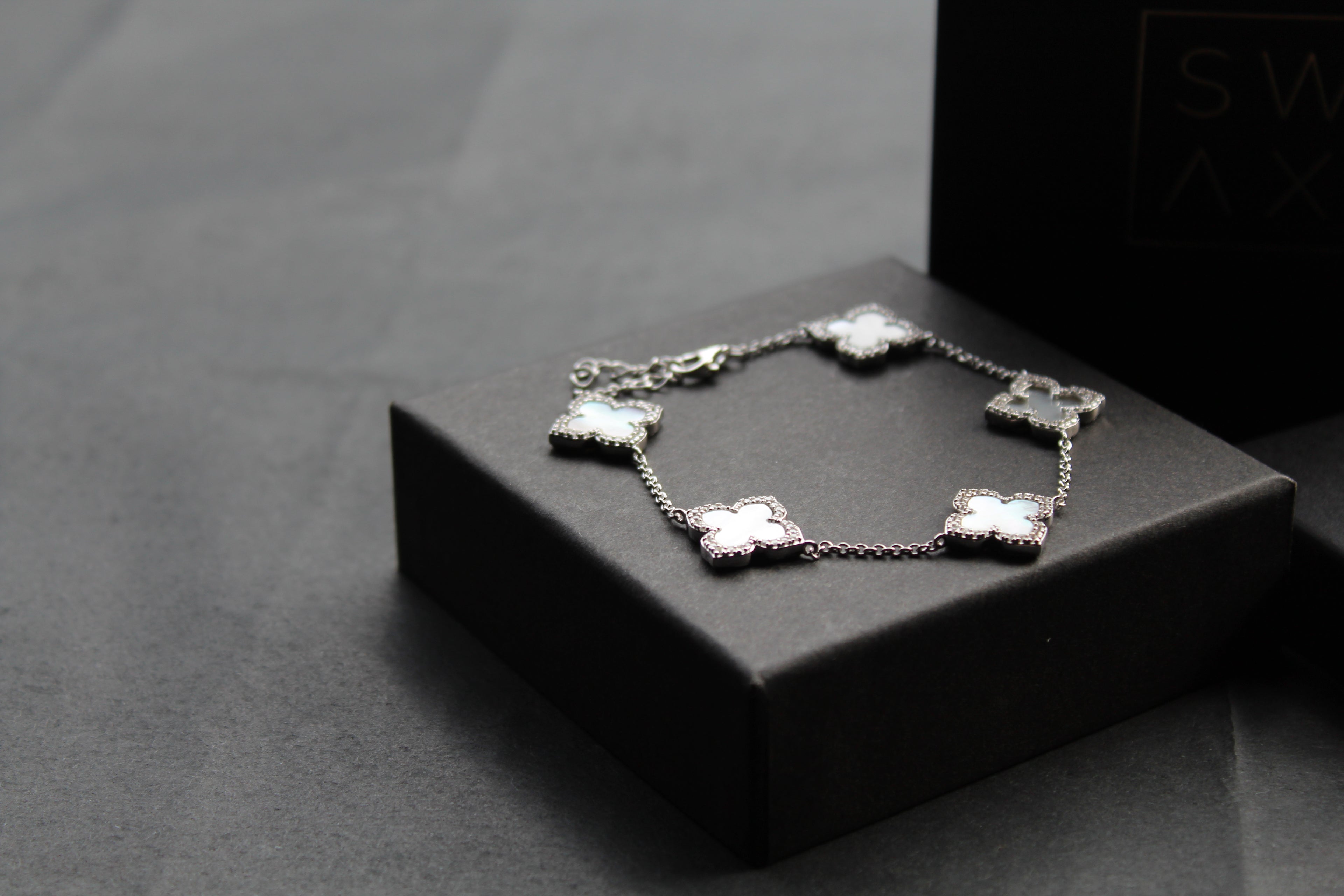 Silver CZ Vintage Flower Mother of Pearl Bracelet
