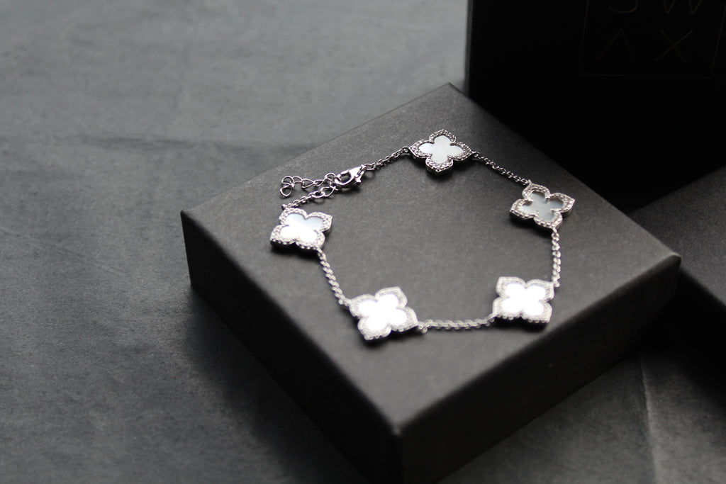 Silver CZ Vintage Flower Mother of Pearl Bracelet