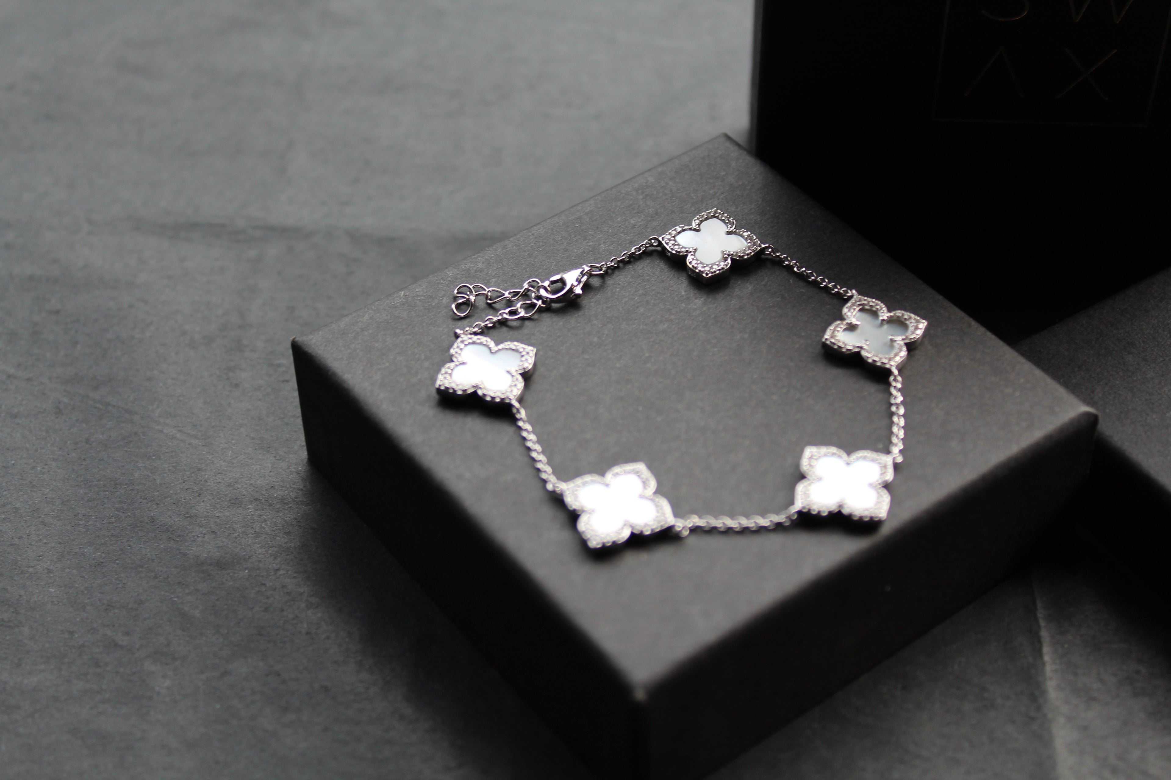 Silver CZ Vintage Flower Mother of Pearl Bracelet