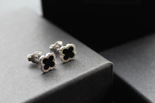 Load image into Gallery viewer, Silver CZ Vintage Flower with Black Enamel Earrings

