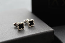 Load image into Gallery viewer, Silver CZ Vintage Flower with Black Enamel Earrings
