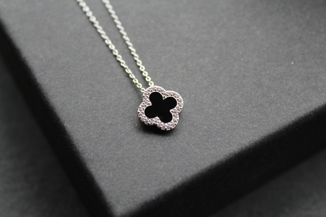 Silver CZ Vintage Flower with Black Enamel Necklace
