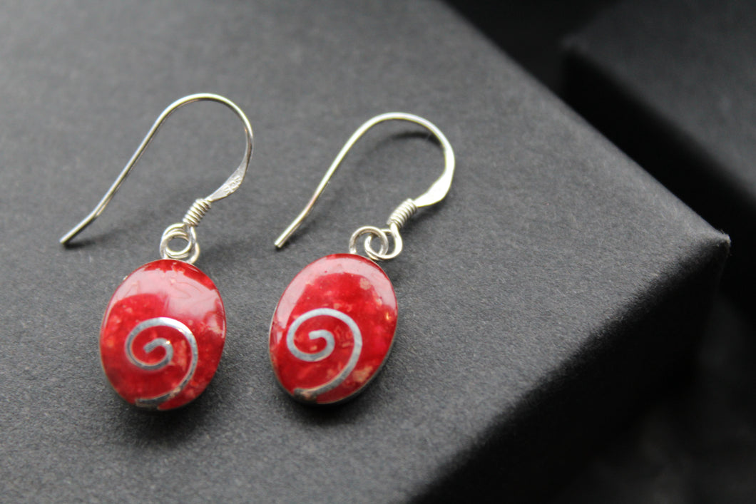 Silver Coral Oval Spiral Earrings